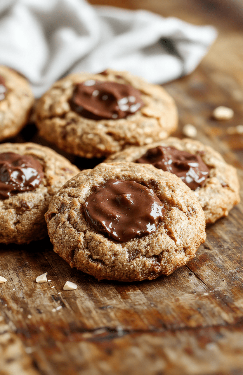 A close-up of chewy chocolate thumbprint cookies arranged on a rustic wooden surface, showcasing their glossy chocolate centers and slightly cracked, fudgy exterior with textured edges, styled casually with a few cookie crumbs scattered around.