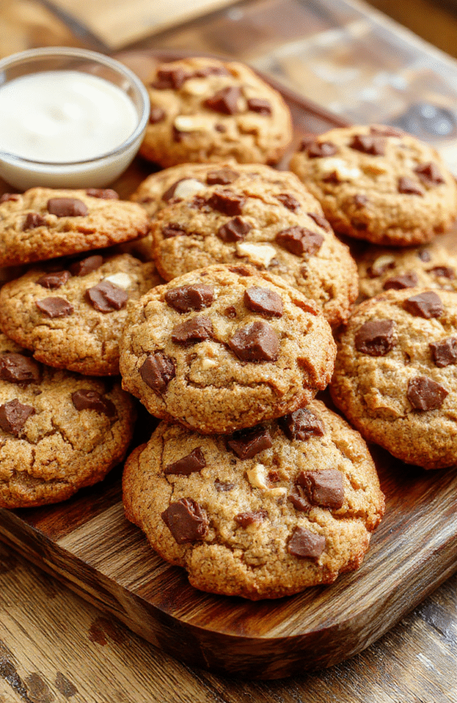 A close-up of a freshly baked batch of chewy cowboy cookies on a rustic wooden tray, golden-brown with chocolate chips and oats visible, with a slightly cracked surface, styled with a few whole oats and chocolate chunks scattered around, warm natural lighting highlighting their texture and inviting appearance.