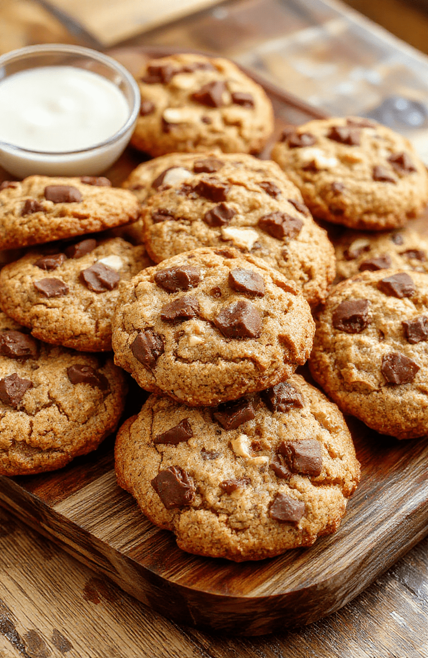 A close-up of a freshly baked batch of chewy cowboy cookies on a rustic wooden tray, golden-brown with chocolate chips and oats visible, with a slightly cracked surface, styled with a few whole oats and chocolate chunks scattered around, warm natural lighting highlighting their texture and inviting appearance.