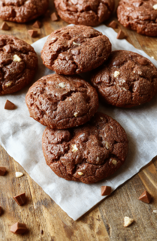 A plate of chewy hot chocolate cookies topped with mini marshmallows and drizzled with chocolate syrup, set on a rustic wooden table with a cozy winter background, warm tones, and soft natural lighting highlighting the glossy glacé and fluffy marshmallows.
