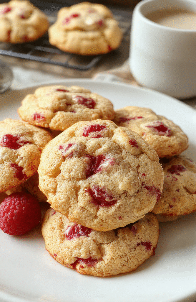 A close-up of vibrant red raspberry cookies with a textured, chewy surface, arranged on a clean white plate with fresh raspberries scattered around, styled beautifully with soft natural light highlighting their glossy, juicy appearance.