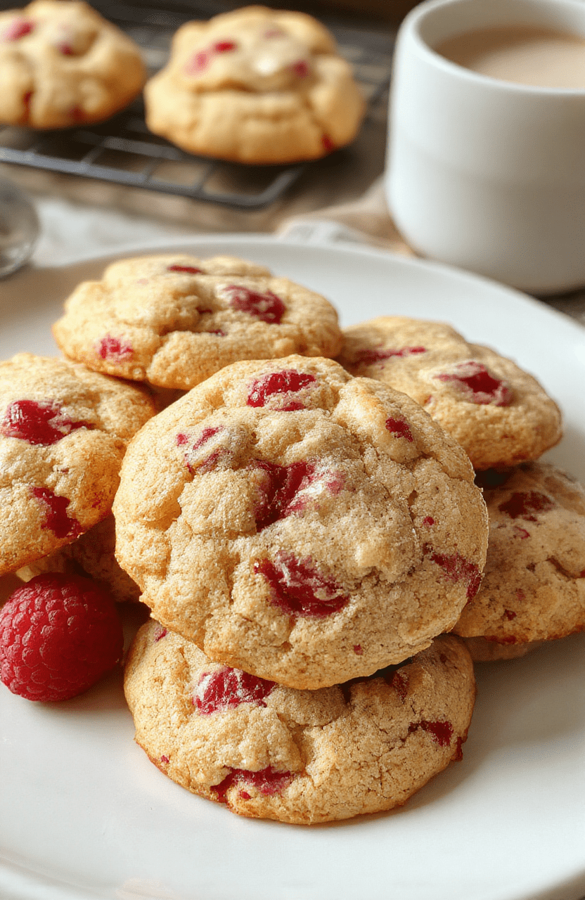 A close-up of vibrant red raspberry cookies with a textured, chewy surface, arranged on a clean white plate with fresh raspberries scattered around, styled beautifully with soft natural light highlighting their glossy, juicy appearance.