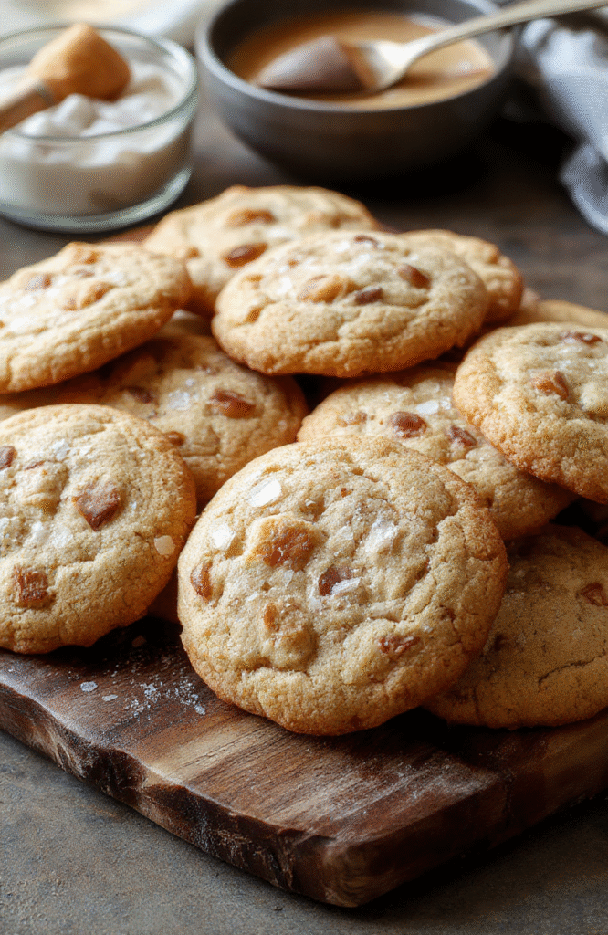 A dozen chewy butterscotch cookies on a rustic wooden platter, sprinkled with sea salt crystals, golden-brown edges, soft and gooey center, styled with a sprinkle of flaky sea salt and a few butterscotch chips, with natural daylight highlighting their glossy finish and inviting texture.
