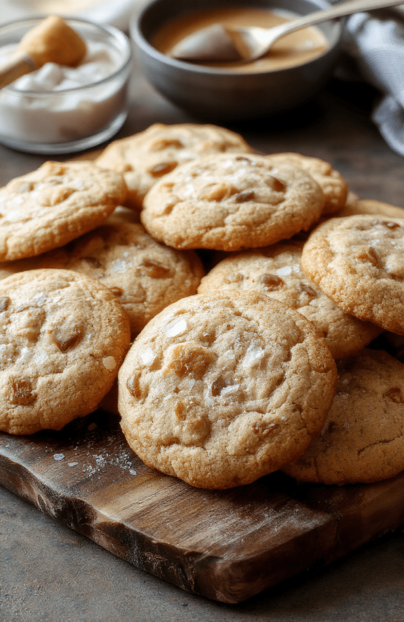 A dozen chewy butterscotch cookies on a rustic wooden platter, sprinkled with sea salt crystals, golden-brown edges, soft and gooey center, styled with a sprinkle of flaky sea salt and a few butterscotch chips, with natural daylight highlighting their glossy finish and inviting texture.
