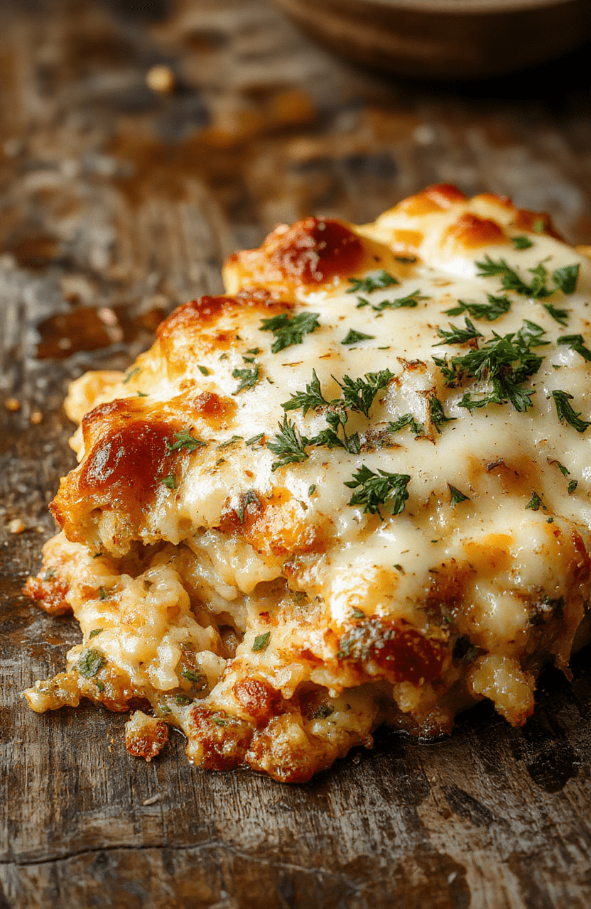 A vibrant plate featuring a golden-brown, cheesy casserole topped with fresh herbs, surrounded by colorful vegetables on a rustic wooden table, with soft natural lighting highlighting the creamy textures and inviting presentation.