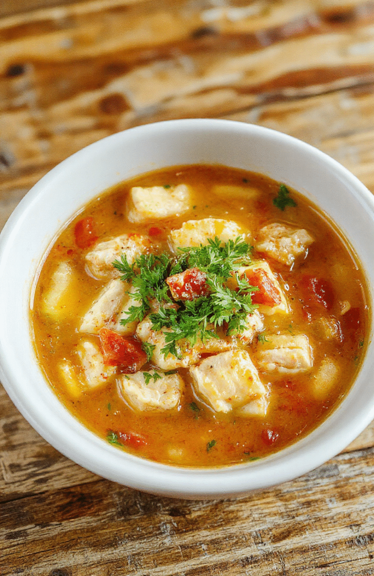 A hearty bowl of chicken noodle soup with tender shredded chicken, colorful carrots, celery, and pasta noodles in a clear broth, garnished with fresh herbs, served on a rustic wooden table with a cozy background.
