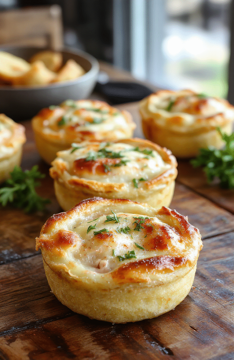 A plate of golden-brown mini chicken pot pies with flaky, buttery crust, steam rising from the filling visible inside, garnished with fresh herbs, styled on a rustic wooden surface with a soft natural light highlighting their inviting appearance.