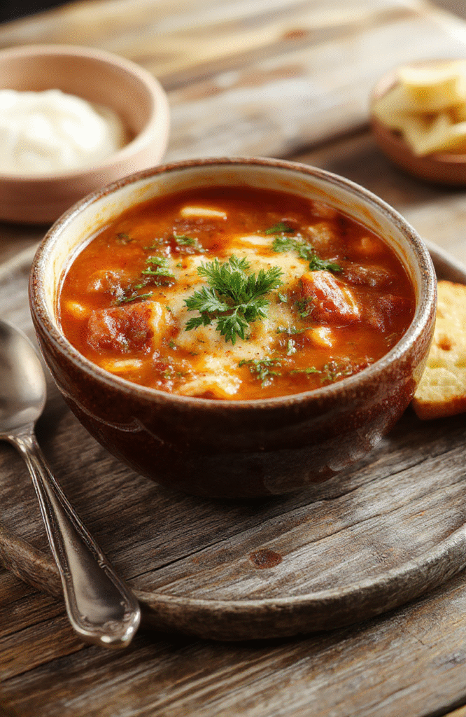 A vibrant bowl of lasagna soup with melted cheese, basil garnishes, and visible layers of noodles and seasoned ground meat, arranged on a rustic wooden table with fresh herbs and bread slices.