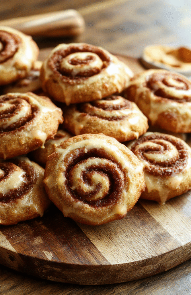 A close-up of cinnamon roll cookies on a rustic wooden plate, golden-brown with swirls of cinnamon and icing, surrounded by fall leaves and a warm mug, showcasing their soft, gooey texture and inviting aroma.
