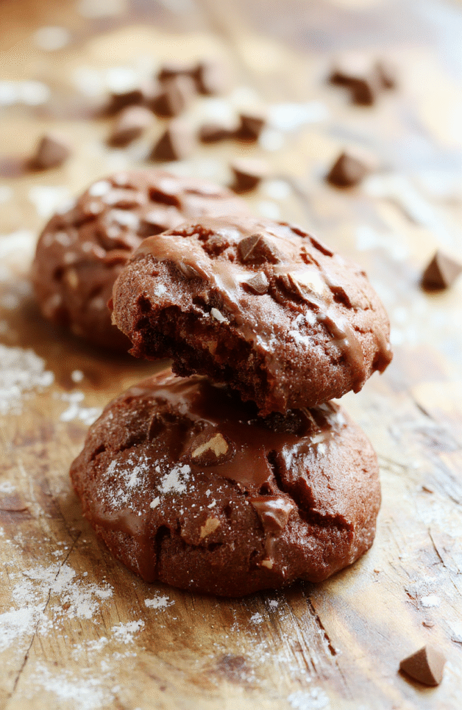 A plate of warm, freshly baked hot chocolate cookies topped with mini marshmallows and a drizzle of chocolate, set on a cozy wooden table with a warm mug of hot cocoa in the background. The cookies are rich brown with a glossy chocolate glaze, surrounded by a sprinkle of cocoa powder and festive decorations, styled in a rustic, inviting manner.