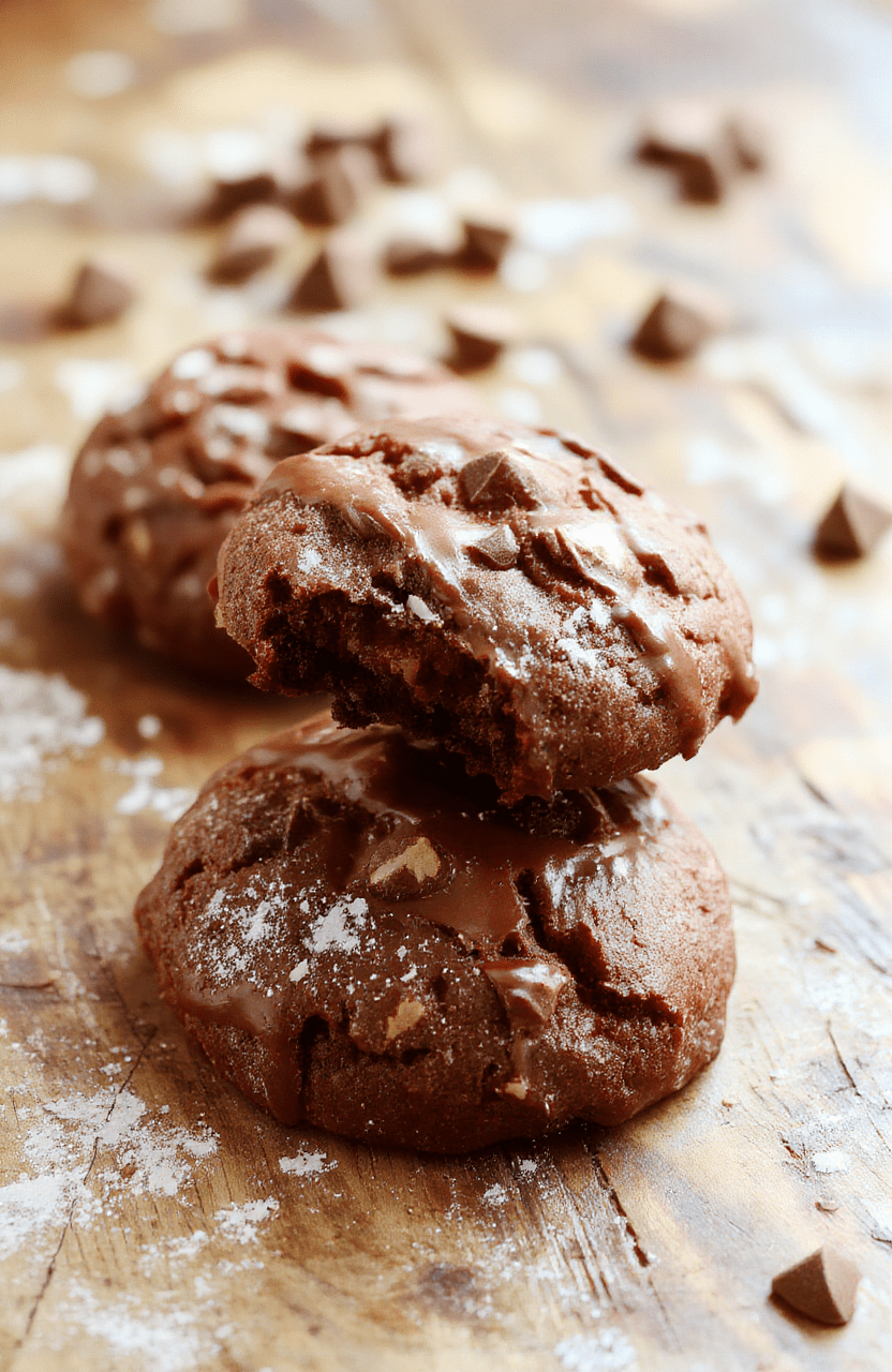 A plate of warm, freshly baked hot chocolate cookies topped with mini marshmallows and a drizzle of chocolate, set on a cozy wooden table with a warm mug of hot cocoa in the background. The cookies are rich brown with a glossy chocolate glaze, surrounded by a sprinkle of cocoa powder and festive decorations, styled in a rustic, inviting manner.