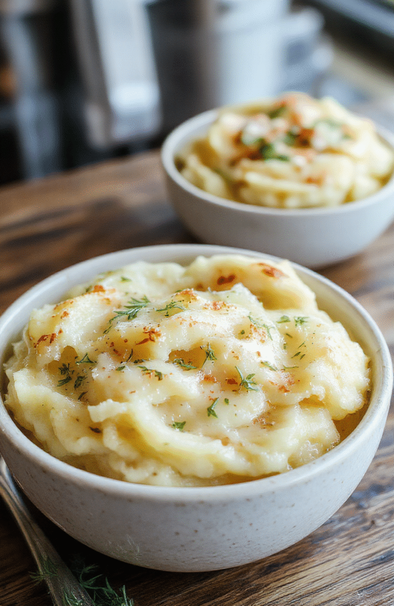 A creamy, golden-brown baked mashed potatoes dish in a rustic white ceramic bowl, topped with a sprinkle of fresh herbs, steam rising gently, with a soft-focus background of a festive holiday table with warm ambient lighting