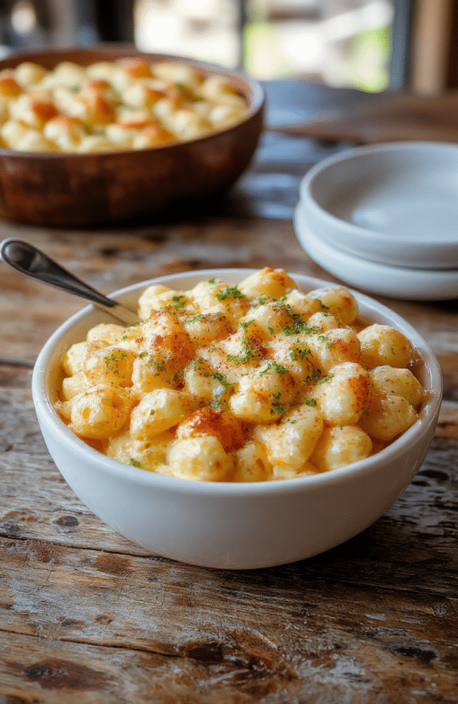 A creamy baked mac and cheese dish with golden crust on top, served in a rustic ceramic ramekin with cheesy strings and crispy breadcrumbs, surrounded by fresh herbs, warm lighting highlighting the rich textures and vibrant cheese color.