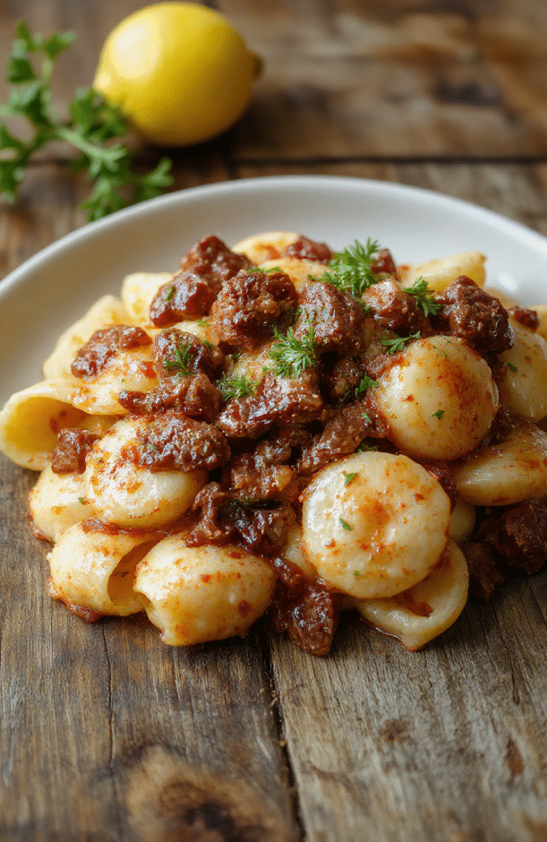 A vibrant plate of creamy beef and shell pasta topped with fresh herbs, featuring golden shells coated in rich sauce, with hints of melted cheese and tender beef pieces, styled on a rustic wooden table with soft natural daylight
