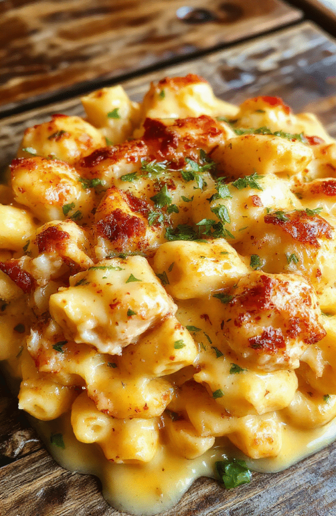 A close-up shot of a bubbling creamy chicken mac and cheese served in a rustic white bowl. The dish features tender pasta coated in a rich, cheesy sauce with shredded chicken pieces on top. Golden melted cheese is visible, with hints of herbs sprinkled over for garnish. The vibrant orange and creamy white colors contrast beautifully, styled on a wooden table with a cozy, inviting atmosphere.