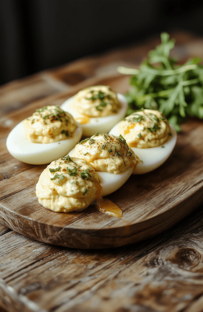 A close-up shot of elegant deviled eggs arranged on a white serving platter. The eggs are halved with smooth, creamy yellow yolk filling topped with paprika and finely chopped chives. The platter sits atop a rustic wooden table with a blurred background of a festive party setting, emphasizing vibrant yellow yolks, red paprika, green herbs, and the glossy egg whites, styled simply for an inviting appetizer presentation.
