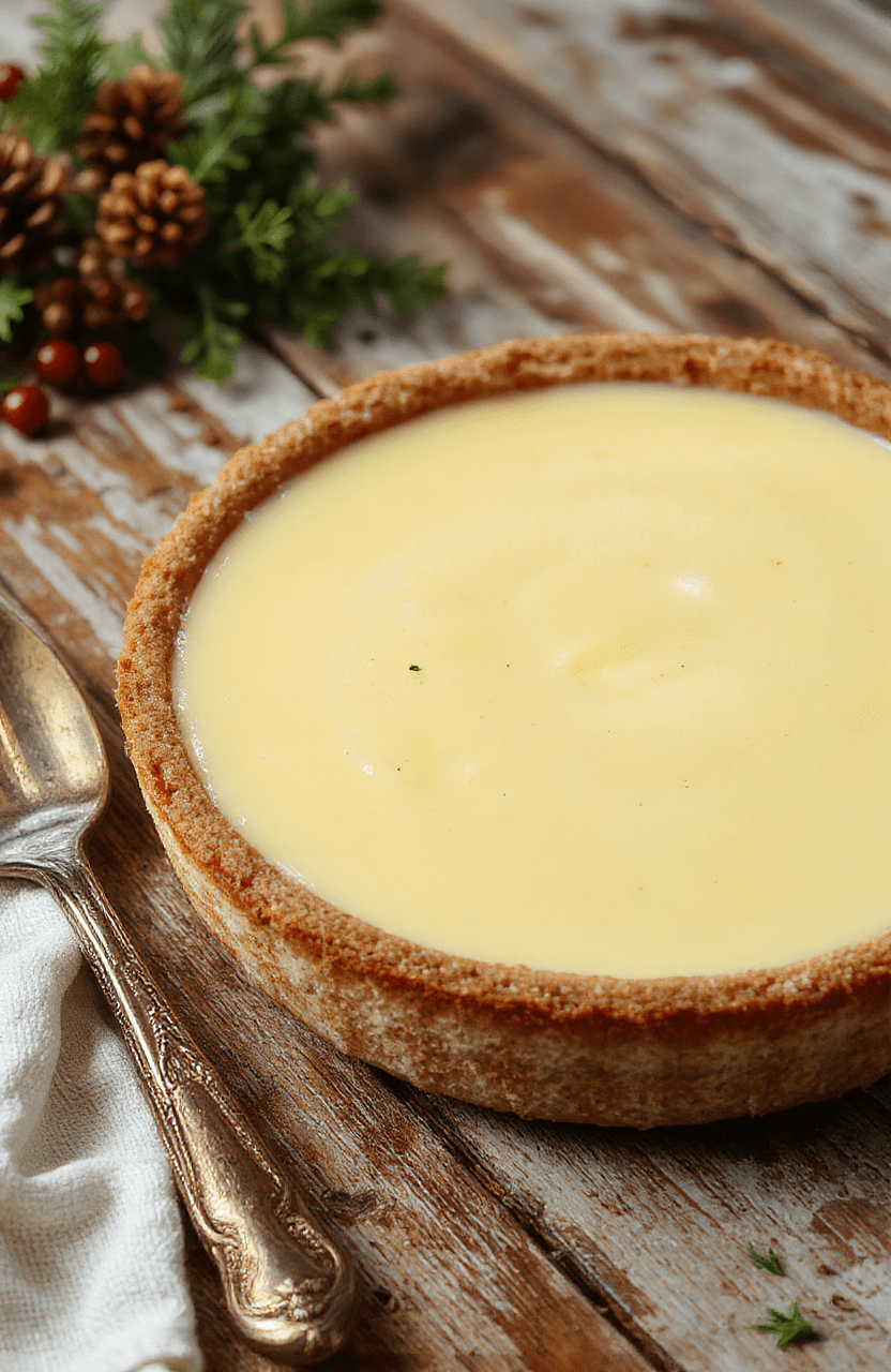 A golden-brown custard pie with a smooth, creamy filling topped with a light dusting of powdered sugar, served on a rustic wooden table with a gentle daylight glow highlighting its luscious texture and flaky crust.