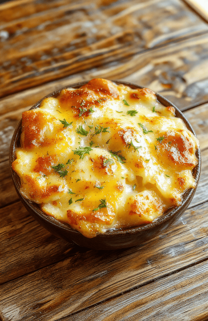 A golden-brown potato gratin layered with creamy cheese sauce, topped with herbs, served in a rustic white dish. The crispy edges and tender potatoes are inviting, with a sprinkle of fresh thyme for garnish. The dish sits on a wooden table with a warm ambiance, emphasizing comfort and holiday warmth.