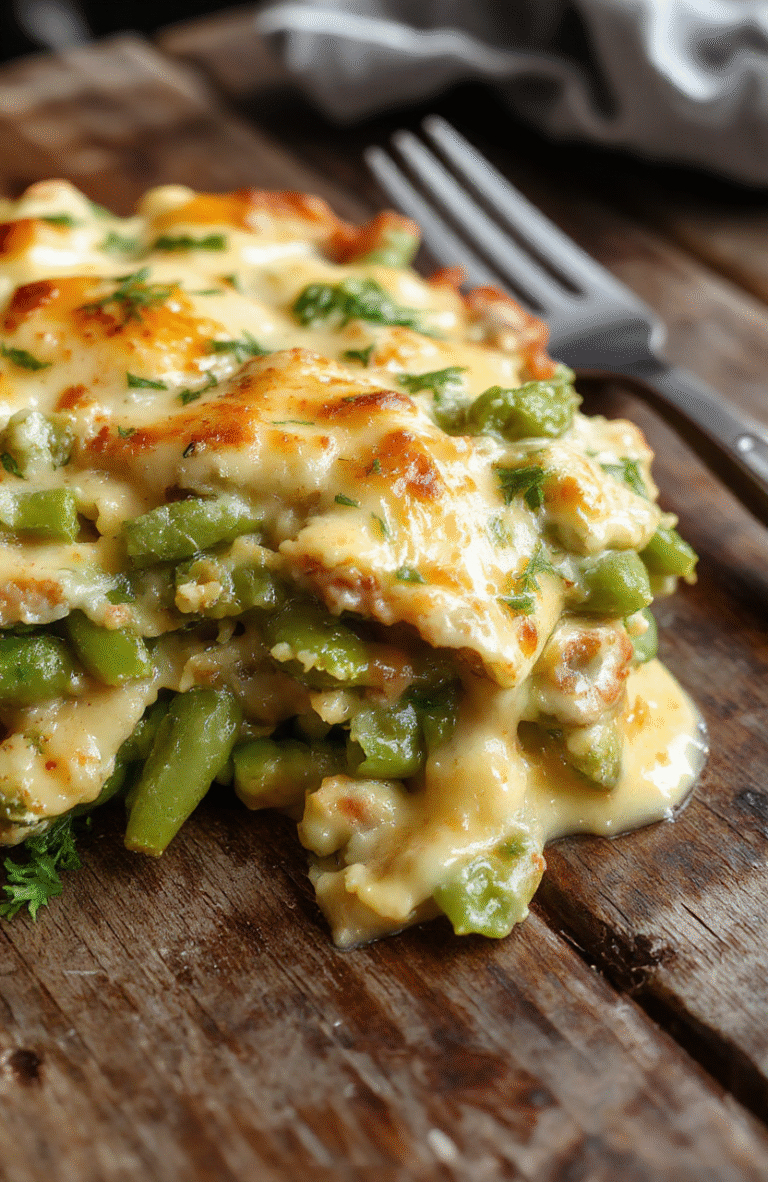 A vibrant dish of creamy green bean casserole in a rustic white bowl, topped with crispy fried onions, garnished with fresh herbs, vibrant green beans contrasting with golden crispy toppings, styled on a wooden table with subtle fall decorations