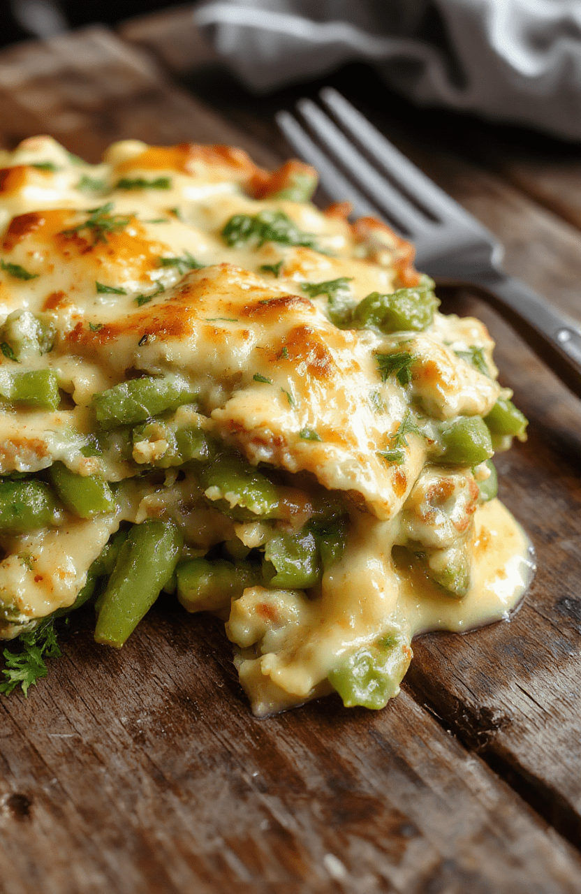 A vibrant dish of creamy green bean casserole in a rustic white bowl, topped with crispy fried onions, garnished with fresh herbs, vibrant green beans contrasting with golden crispy toppings, styled on a wooden table with subtle fall decorations