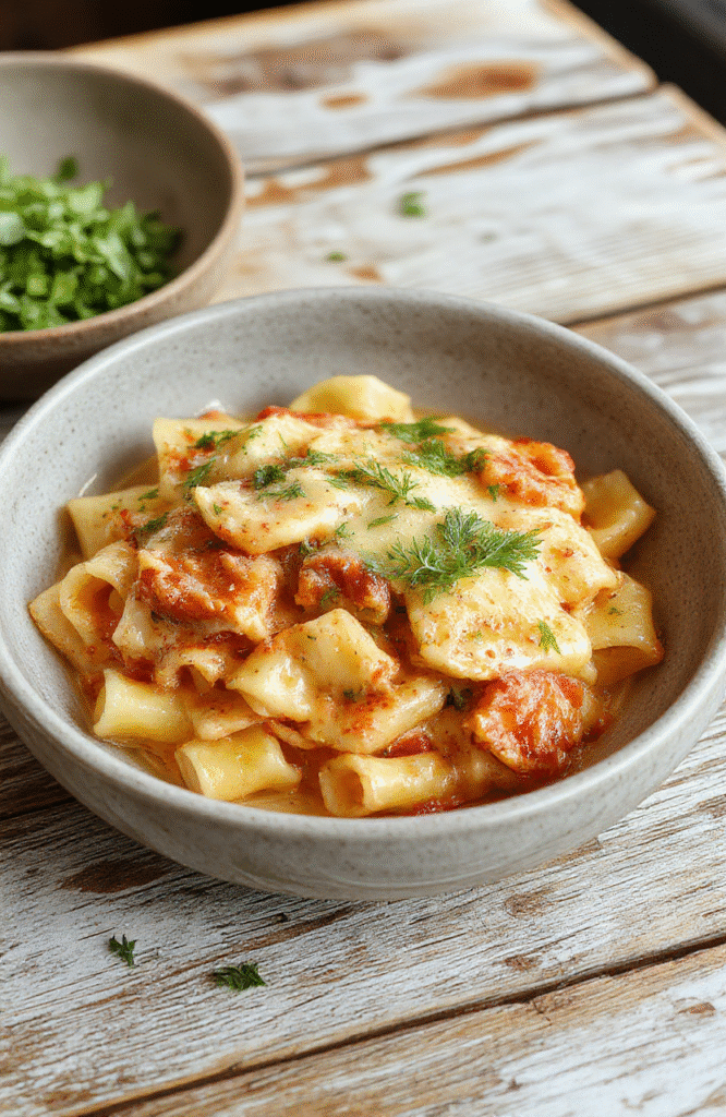 A vibrant plate of creamy Italian rigatoni pasta topped with fresh herbs, served on a rustic wooden table. The sauce is rich and smooth, with visible chunks of cheese and herbs, garnished with a sprig of basil. The pasta's ridges are coated evenly with the luscious sauce, creating a tempting, mouthwatering presentation. Soft, natural daylight highlights the textures and inviting colors.