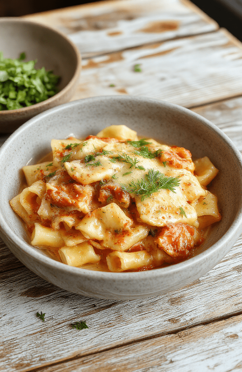A vibrant plate of creamy Italian rigatoni pasta topped with fresh herbs, served on a rustic wooden table. The sauce is rich and smooth, with visible chunks of cheese and herbs, garnished with a sprig of basil. The pasta's ridges are coated evenly with the luscious sauce, creating a tempting, mouthwatering presentation. Soft, natural daylight highlights the textures and inviting colors.