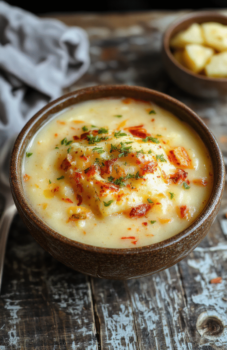A vibrant bowl of creamy loaded potato soup topped with shredded cheese, crispy bacon bits, chopped chives, and a dollop of sour cream, served on a rustic wooden table with a spoon beside it. The rich, velvety texture of the soup contrasts with the colorful toppings, creating an inviting and hearty visual.