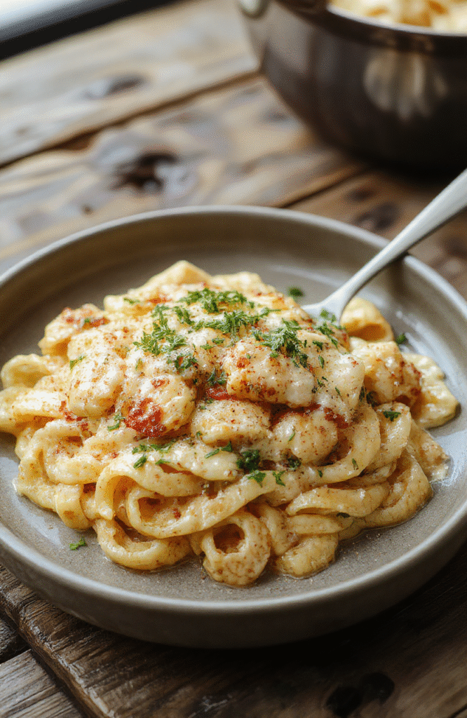 A vibrant plate of creamy parmesan chicken pasta featuring tender pieces of chicken and al dente pasta, coated in a rich, cheesy sauce with visible grated parmesan, garnished with fresh herbs, served on a rustic wooden table with a soft-focus background highlighting the dish's textures.