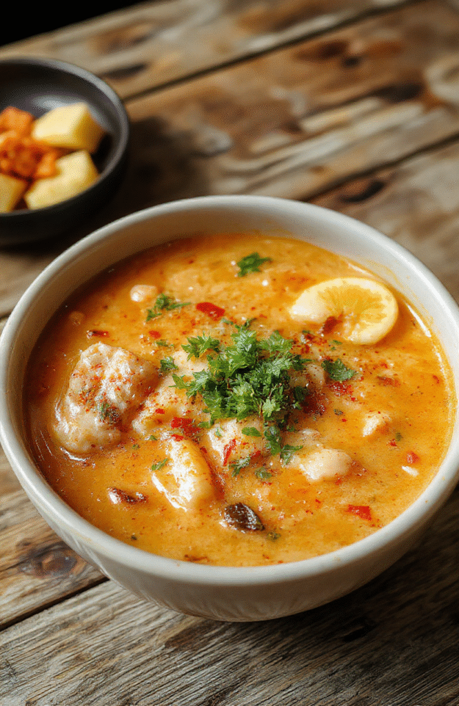 A steaming bowl of creamy spicy Korean ramen featuring vibrant red chili oil, sliced green onions, soft boiled eggs, and tender noodles, served in a rustic bowl on a natural wood surface with a background of side condiments.
