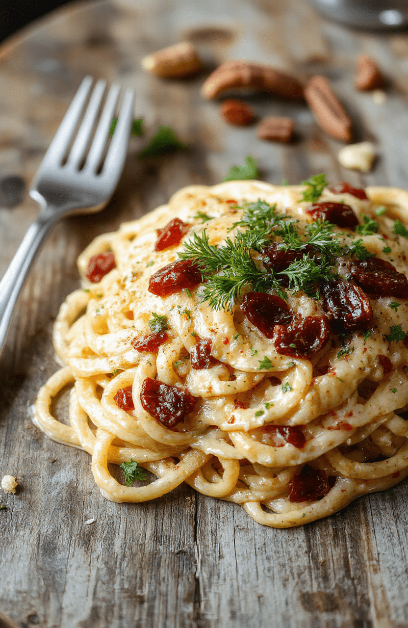 A vibrant plate of creamy spaghetti draped in rich sun-dried tomato sauce, garnished with fresh basil and grated cheese, styled on a rustic wooden table with a neutral background emphasizing the bright red sauce and al dente pasta textures.
