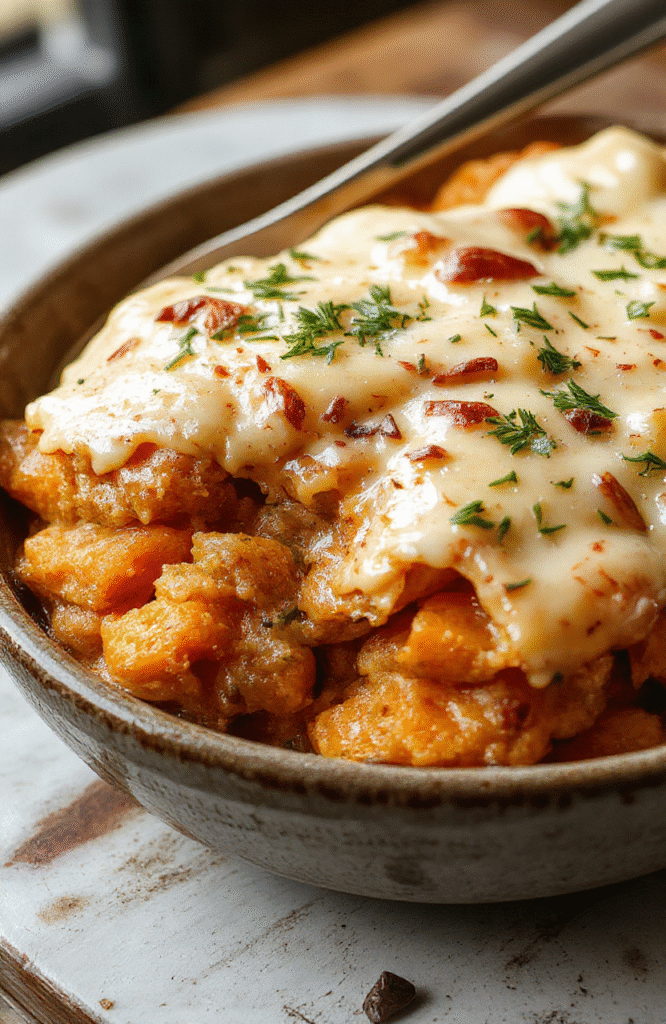 A vibrant, golden-brown sweet potato casserole topped with toasted marshmallows and chopped pecans, served in a rustic ceramic dish. The dish is garnished with sprigs of fresh thyme, with a creamy, velvety texture visible beneath the crispy topping. The background features a cozy holiday table setting with festive accents and warm lighting.