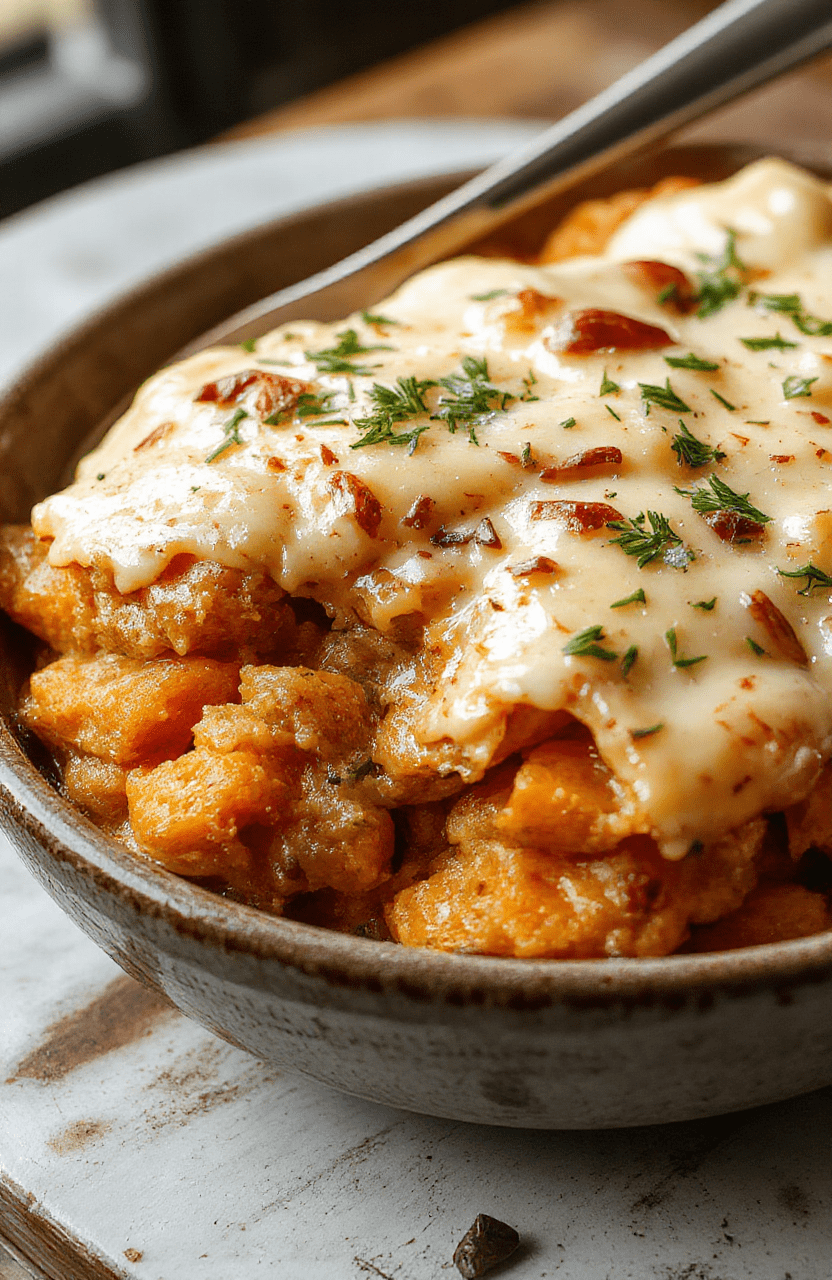 A vibrant, golden-brown sweet potato casserole topped with toasted marshmallows and chopped pecans, served in a rustic ceramic dish. The dish is garnished with sprigs of fresh thyme, with a creamy, velvety texture visible beneath the crispy topping. The background features a cozy holiday table setting with festive accents and warm lighting.
