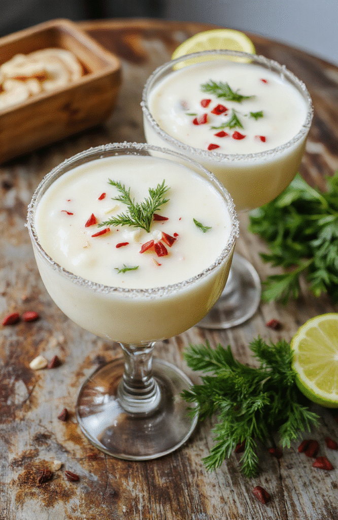 A vibrant pinkish-white margarita in a wide glass with a salted rim, garnished with a lime wedge and festive holiday-themed stirrer, set on a rustic wooden table with snowflake confetti and holiday ornaments in the background, showcasing a smooth, creamy texture and colorful presentation.