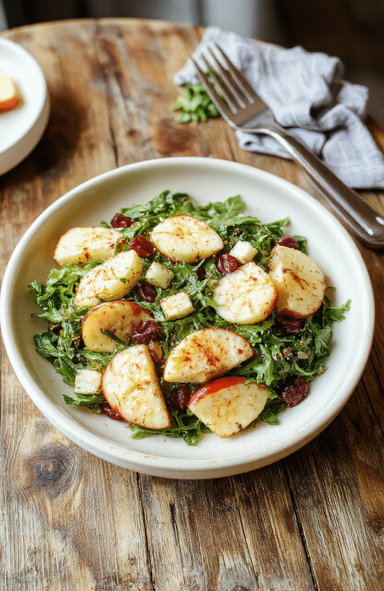 A vibrant bowl of crisp green arugula leaves topped with thinly sliced red apples, sprinkled with crumbled feta cheese, and garnished with toasted walnuts. The salad is arranged neatly on a rustic wooden table, with a light drizzle of vinaigrette visible on the fresh leaves, showcasing bright colors and a fresh, crisp texture.