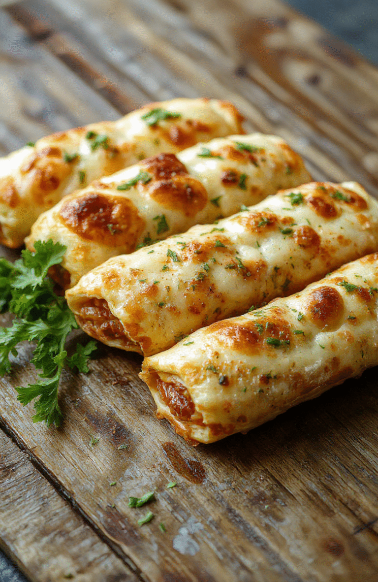 Golden brown crispy air fryer pizza rolls arranged on a white plate with melted cheese and pepperoni visible, served on a wooden board, garnished with fresh basil, surrounded by a rustic kitchen setting with soft natural light highlighting textures and colors.