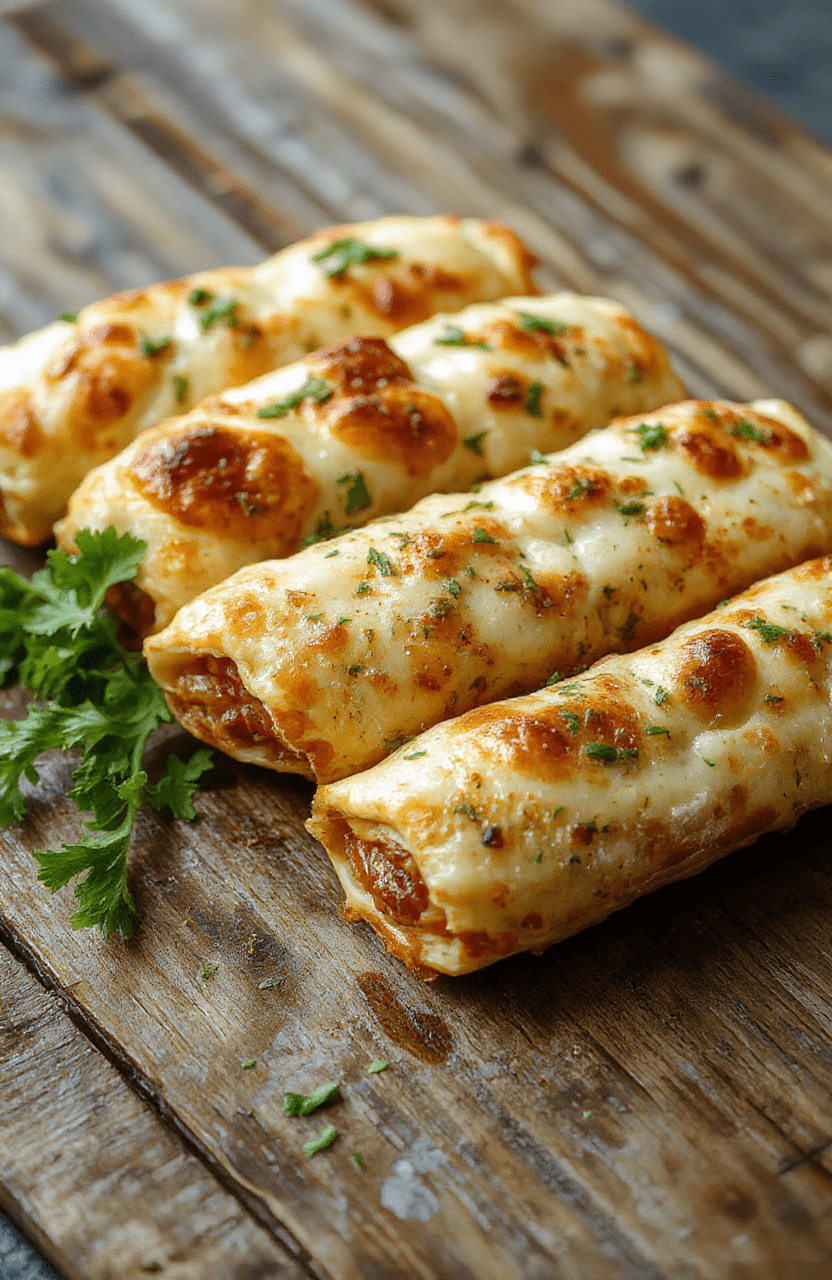 Golden brown crispy air fryer pizza rolls arranged on a white plate with melted cheese and pepperoni visible, served on a wooden board, garnished with fresh basil, surrounded by a rustic kitchen setting with soft natural light highlighting textures and colors.