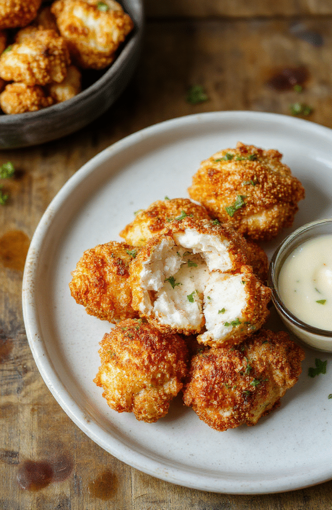 A golden crispy popcorn chicken dish presented on a rustic white plate, garnished with fresh herbs, accompanied by a side of dipping sauce, showcasing the crunchy texture and vibrant color contrast between the crispy chicken and the creamy dip.