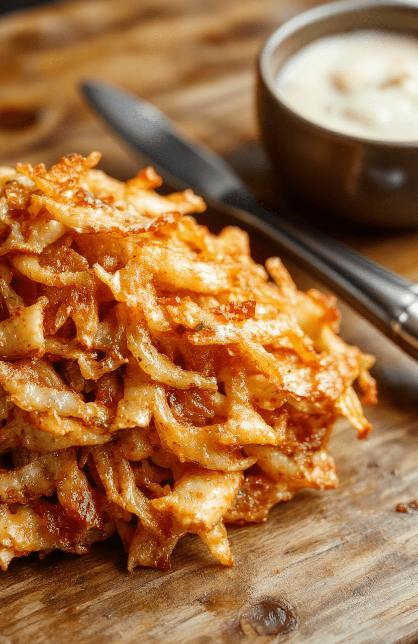 Golden crispy fried onions stacked in a bowl, with a close-up view showing their crunchy texture and caramelized color, styled on a rustic wooden surface with some scattered bits for a casual, inviting look.