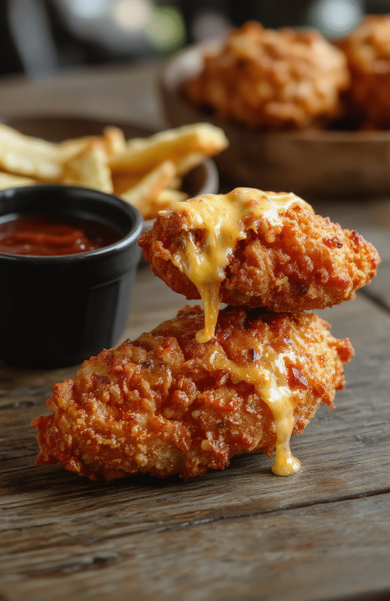 A close-up of crispy pretzel-coated chicken breasts topped with melted cheese, arranged on a rustic wooden platter, garnished with fresh herbs, with a golden-brown, crunchy texture visible, styled simply for an inviting weeknight dinner presentation.