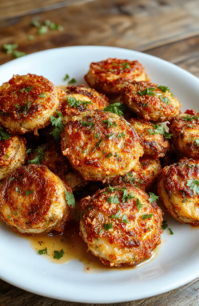Golden brown crispy ranch mushrooms served on a white plate, garnished with fresh herbs, showcasing a crunchy exterior and tender interior, set against a neutral wooden background with scattered seasoning powder for an inviting look.