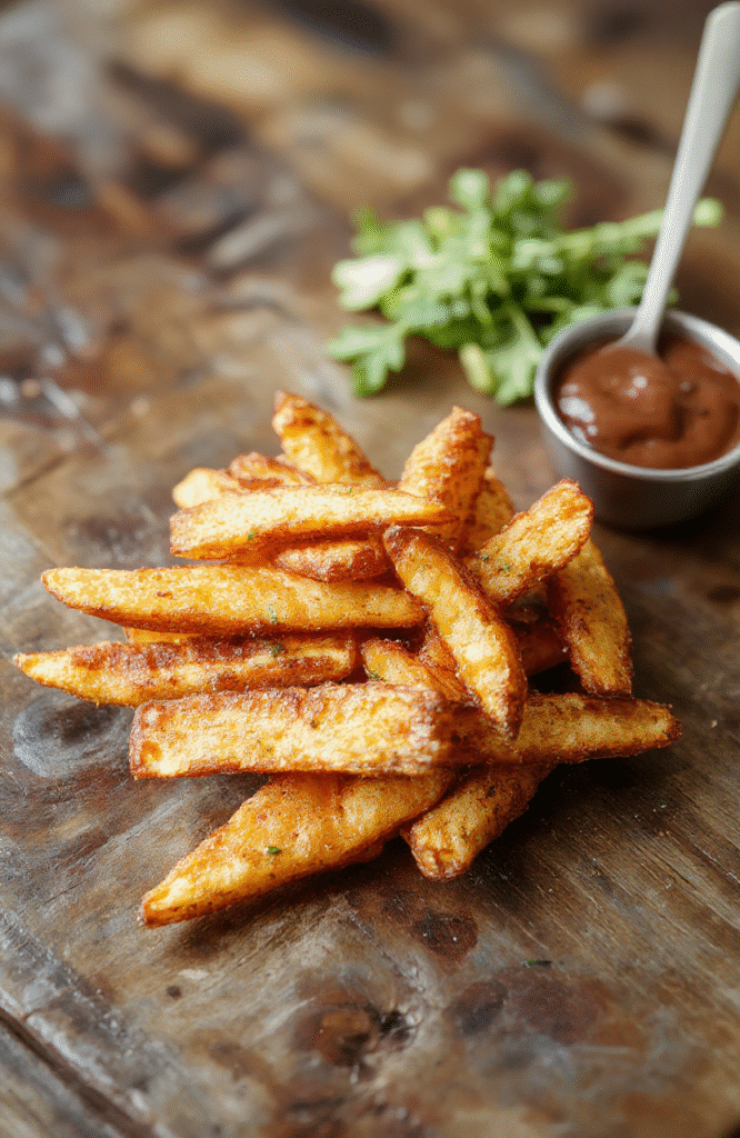 A vibrant plate of golden, crispy sweet potato fries arranged neatly on a rustic wooden surface. The fries are seasoned with herbs and paprika, with a crispy texture visible. The background features a lightly blurred side of green herbs and a dipping sauce, emphasizing a warm, inviting presentation with warm tones and appealing textures.
