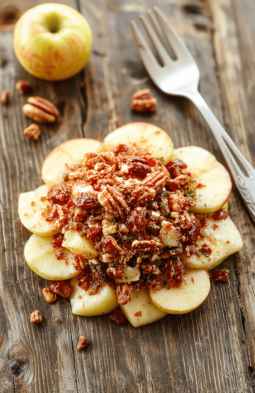 A vibrant bowl of crunchy apple cranberry pecan salad featuring crisp green apple slices, bright red cranberries, toasted pecans, and mixed greens. The salad is elegantly plated in a white bowl with a sprinkle of cranberries and pecans on top, all set against a rustic wooden background. The textures of crunchy apples, juicy cranberries, and crunchy pecans are visually appealing, with colorful ingredients contrasting beautifully.