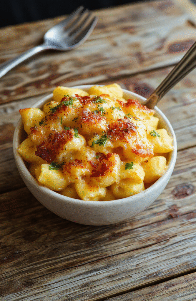 A vibrant plate of golden-brown, crispy topped baked mac and cheese featuring creamy cheese sauce and crunchy breadcrumb crust, garnished with fresh herbs, presented on a rustic wooden table.