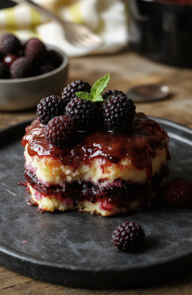 A vibrant blackberry cake presented on a dark slate plate with a glossy blackberry glaze, decorated with fresh blackberries and edible gold flakes. The cake layers are moist and airy, with a rich chocolate or dark berry crust. Soft natural light highlights the deep purple-black color of the berries and the shiny glaze, creating a luxurious and goth-inspired aesthetic.