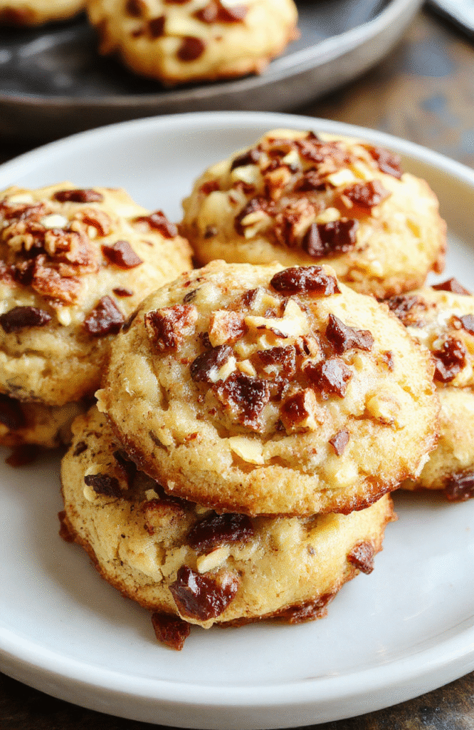 A close-up of a stack of golden-brown cheesecake cookies with creamy filling visible inside, arranged on a rustic white plate. The cookies are topped with a sprinkle of crushed graham crackers and a hint of vanilla. Soft natural lighting enhances their crispy edges and creamy centers, styled casually with a blurred background of a cozy kitchen setting.