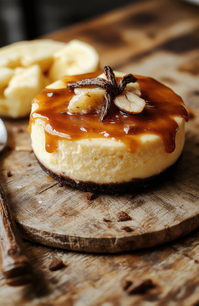 A rich, creamy cheesecake topped with a glossy brown butter glaze and fresh vanilla beans, elegantly plated on a rustic wooden board with golden brown crust edges visible, surrounded by vanilla bean pods and caramelized butter drizzles for a decadent and inviting presentation.