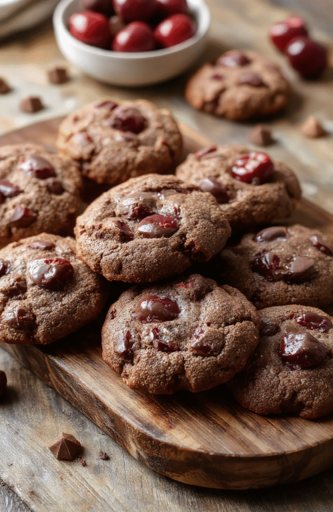 A close-up of decadent chocolate cherry cookies arranged on a rustic wooden platter. The cookies have a rich, dark chocolate exterior with a glossy cherry center peeking through. Juicy red cherries add a pop of vibrant color against the deep brown cookies, accented by a light dusting of powdered sugar. Soft natural daylight highlights their moist texture and gooey cherry centers, styled casually with a few sprigs of fresh mint for a festive touch.
