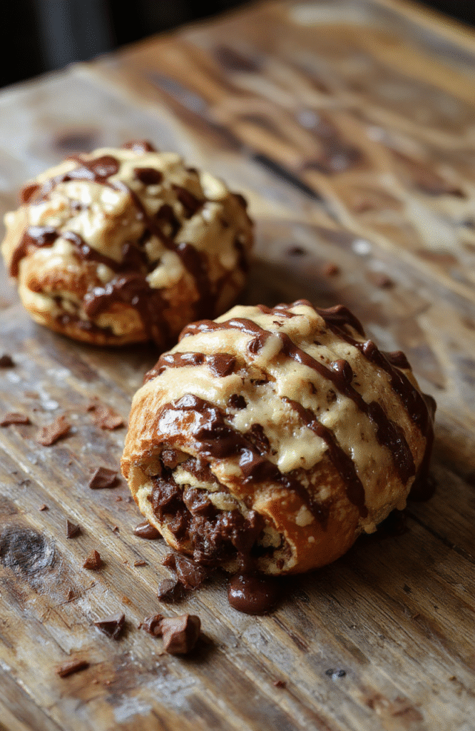 A golden-brown chocolate croissant bake topped with powdered sugar, sliced to reveal layers of flaky croissants and melted chocolate, served on a rustic wooden plate with a dusting of cocoa powder, surrounded by fresh berries and mint leaves, styled casually with a cozy brunch vibe.