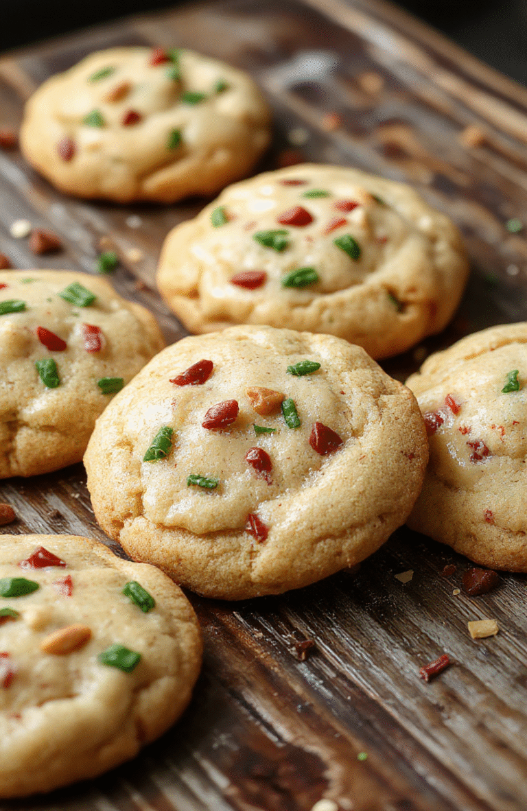 A festive plate of rich, gooey Christmas butter cookies decorated with colorful sprinkles and powdered sugar, arranged on a rustic wooden platter, with a warm holiday background featuring twinkling lights and seasonal decor.