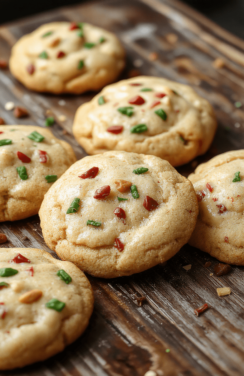 A festive plate of rich, gooey Christmas butter cookies decorated with colorful sprinkles and powdered sugar, arranged on a rustic wooden platter, with a warm holiday background featuring twinkling lights and seasonal decor.